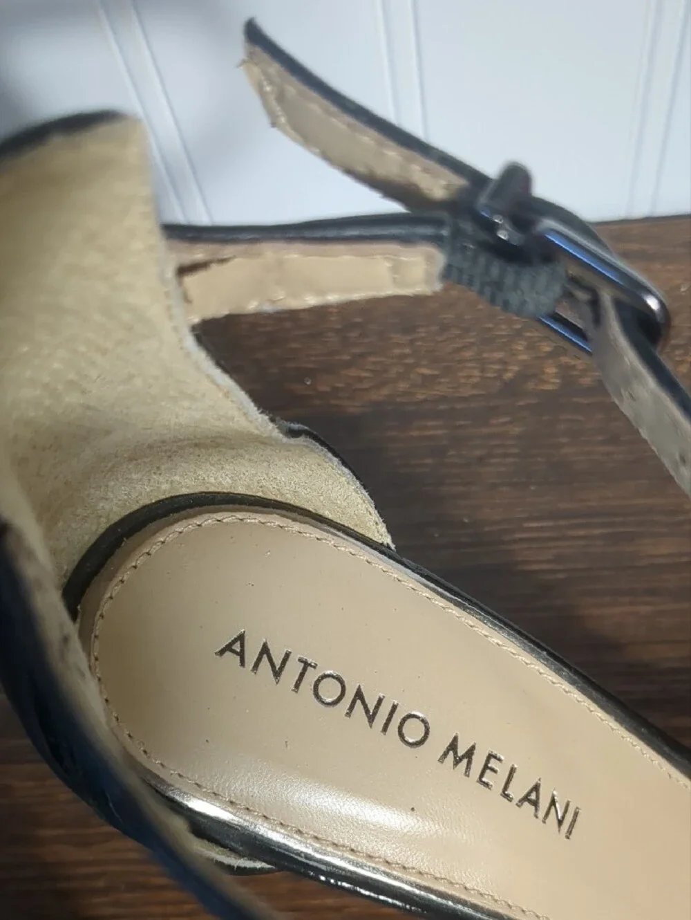 Antonio Melani Black Patent Leather Art Deco Peep Toe Ankle Strap Heels, SZ 6